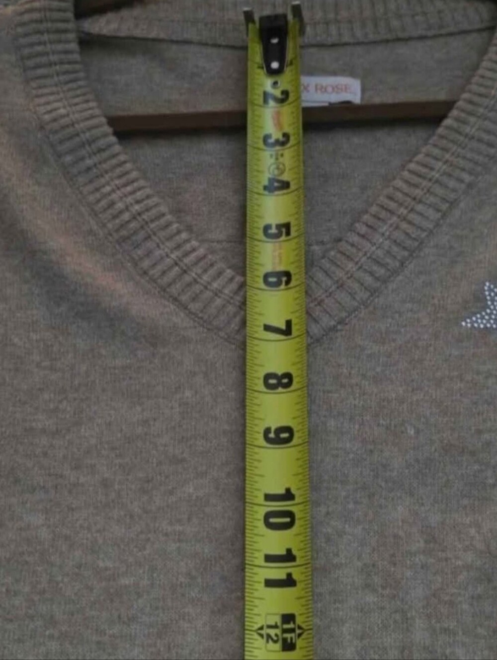 V-neck Sweater, Heathered Tan w/Subtle Silver Rhinestone Stars On Front & Sleeve - Picture 7 of 7
